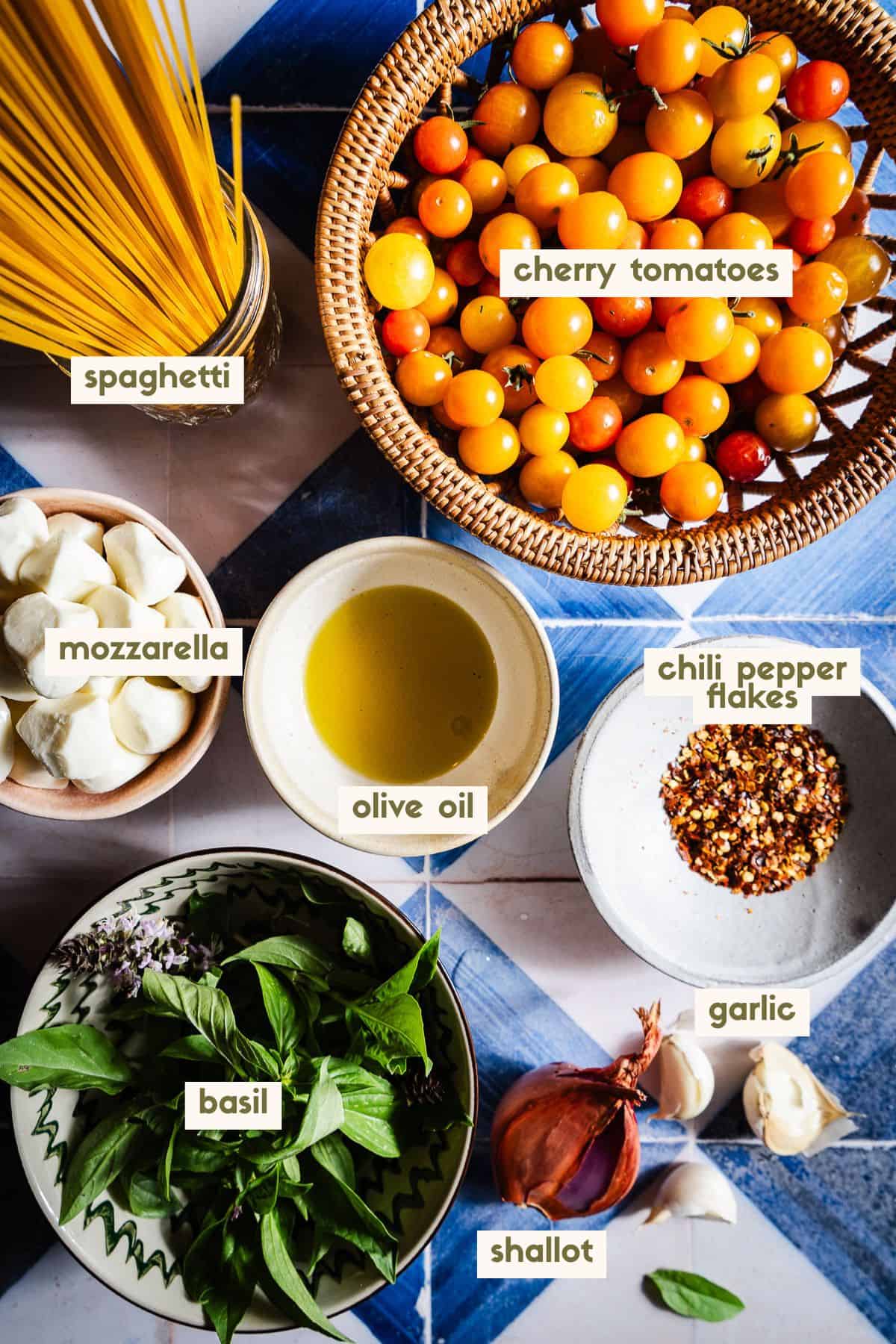 cherry tomatoes, spaghetti, mozzarella, olive oil, chili pepper flakes, basil, shallot, garlic ingredients with labels.