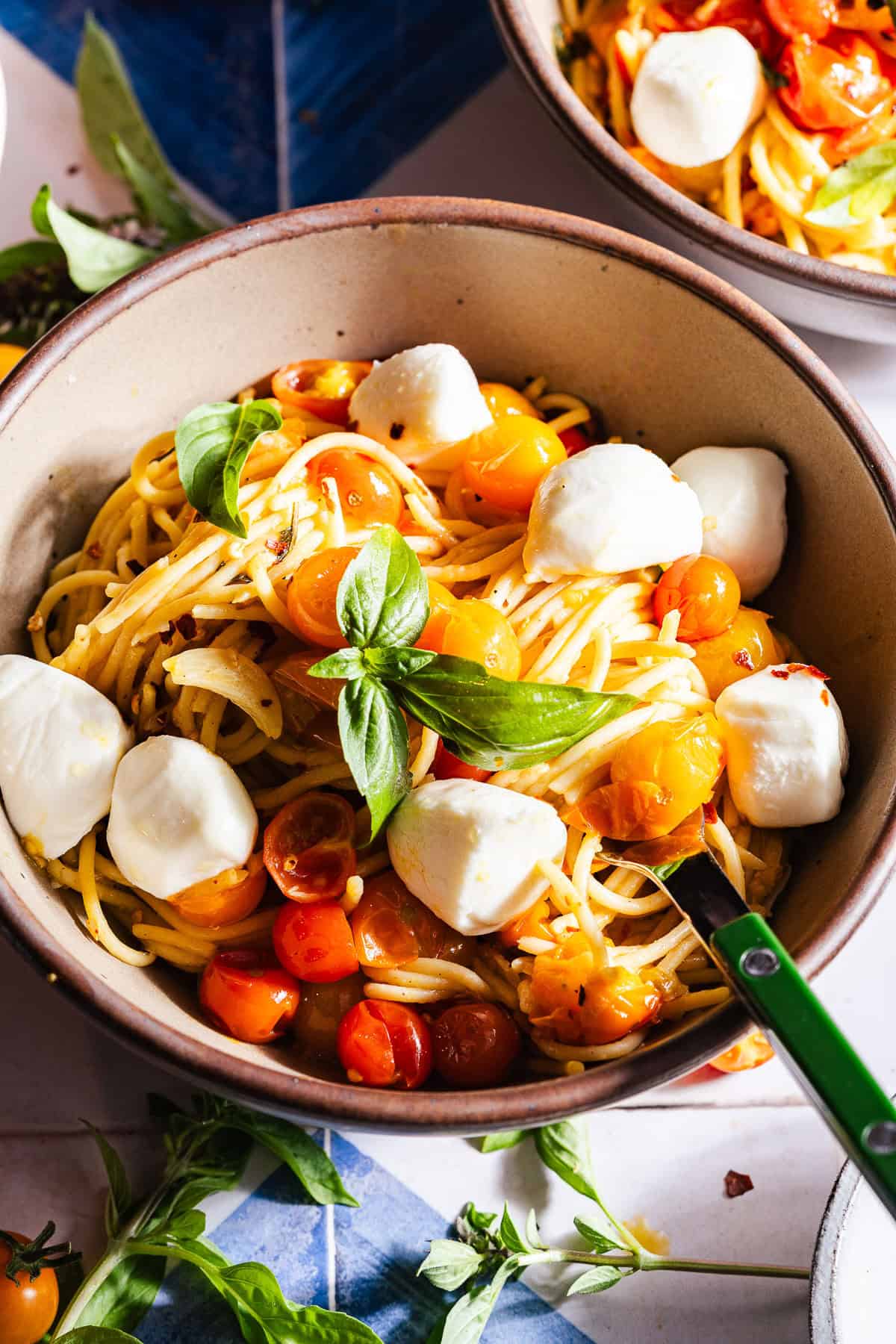 Two bowls of spaghetti with tomatoes and mozzarella.