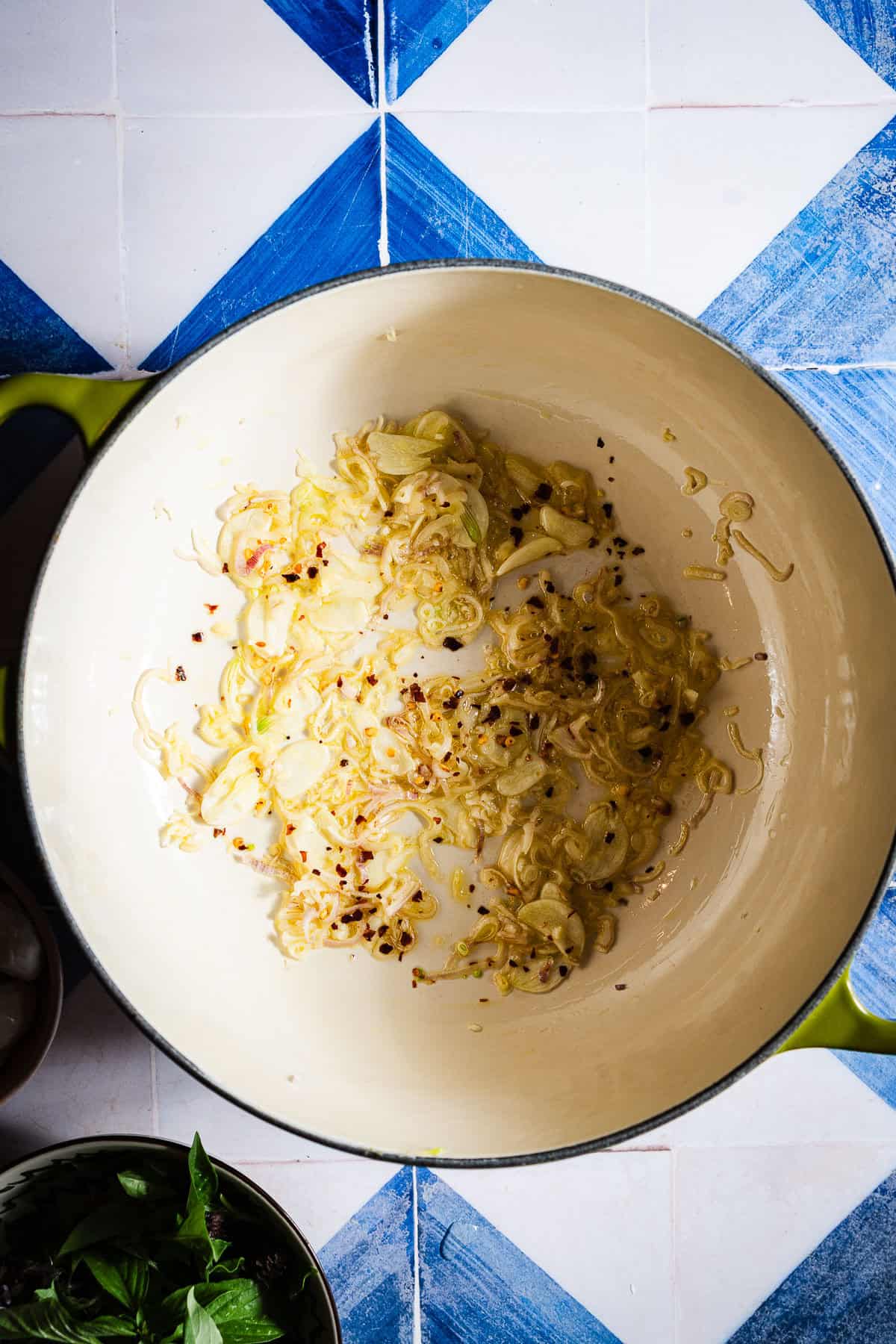 Sauteed garlic and shallots with chili pepper flakes.