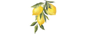 Watercolor of a bundle of lemons with leaves.